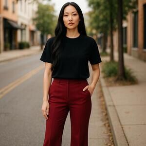 J. Crew Black Top and Red Trousers